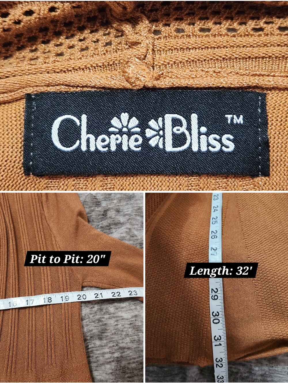 Cherie Bliss Camel Ribbed Peplum Open Front Cardigan Pointelle Crochet Trim M/L - Picture 7 of 7